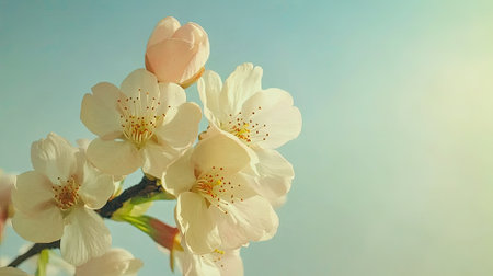 A charming close-up of delicate cherry blossoms blooming, accented by a soft blue sky. This serene image evokes feelings of peace and renewal in nature.の素材