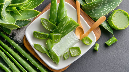 A beautifully arranged plate featuring fresh aloe vera slices and gel surrounded by vibrant green leaves. Perfect for wellness and skincare themes.の素材