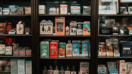 A vibrant display of vintage candy packaging on shelves, showcasing colorful and unique designs. A charming array that evokes nostalgia and childhood memories.の素材