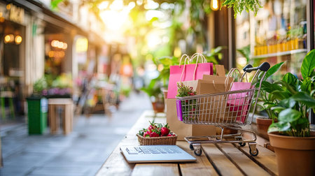 A vibrant outdoor market scene featuring a shopping cart filled with groceries and a laptop resting on a wooden table. Natural light enhances the inviting atmosphere.の素材