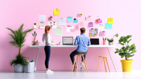A modern home office environment featuring a stylish workspace with a pink wall, indoor plants, and collaborative elements to inspire creativity and productivity.の素材