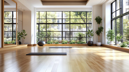 Relax in a bright yoga studio featuring natural light, wooden floors, and lush greenery. A peaceful space ideal for fitness, meditation, and wellness.の素材