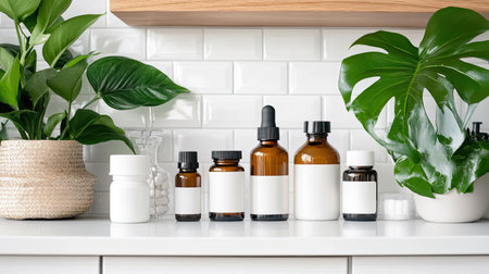 A minimalist display featuring natural products in glass and plastic containers, complemented by lush green plants, ideal for wellness and organic lifestyle themes.の素材