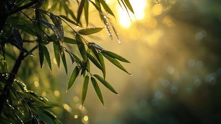 Discover the serene beauty of dew-kissed bamboo leaves illuminated by warm sunlight in a tranquil forest setting, creating a peaceful ambiance.の素材