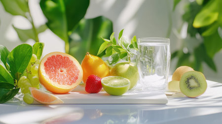 A stunning arrangement of fresh fruits including grapefruit, lemon, and kiwi, accompanied by a glass of water, set against lush greenery. Perfect for healthy living.の素材