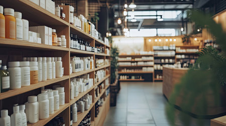 A modern beauty store interior featuring neatly arranged shelves showcasing a variety of skincare products. The warm lighting creates an inviting ambiance.の素材