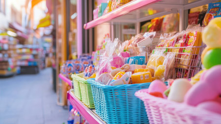 Vibrant market scene showcasing a colorful array of sweets and candy in charming baskets. A joyful atmosphere perfect for capturing the essence of indulgence.の素材