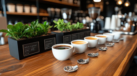 Discover a delightful coffee tasting experience featuring fresh plants and an array of brewed cups on a warm wooden counter, inviting exploration of flavors.の素材
