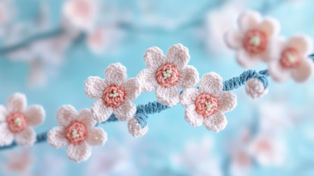 This beautiful image features delicate crochet flowers in soft pastel colors against a serene blue background, highlighting intricate details and artistic craftsmanship.の素材