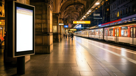 A serene view of an empty advertising space at a bustling urban train station during the evening, capturing the blend of architecture and public transportation.の素材
