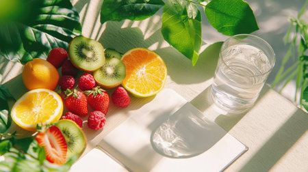 A serene arrangement of fresh fruits and a glass of water on a sunlit table, surrounded by greenery, creating an inviting and healthy ambiance. Perfect for lifestyle themes.の素材