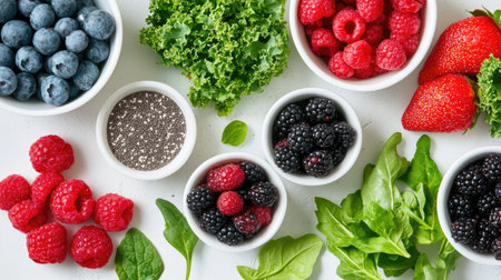 A vibrant assortment of fresh berries and greens beautifully arranged on a white surface, showcasing healthy ingredients perfect for any wholesome meal or snack.の素材
