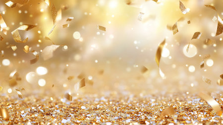 A stunning display of shimmering golden confetti falling gracefully over a sparkling background, ideal for celebrating special moments and festive occasions.の素材