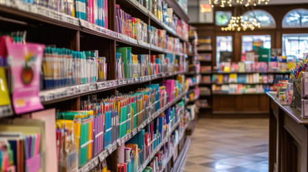 A vibrant display of colorful stationery items fills the shelves in a bright retail store, creating an inviting atmosphere for customers seeking office and school supplies.の素材