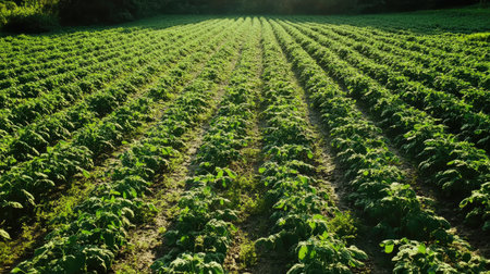 A vibrant potato field showcases healthy green plants in neat rows, bathed in warm sunlight. This serene landscape captures the essence of rural agriculture and growth.の素材