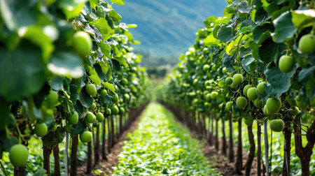 A vibrant apple orchard showcases rows of lush green trees bearing ripening fruit under bright sunlight, highlighting agricultural beauty and nature's bounty.の素材