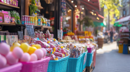 A vibrant market scene showcasing colorful baskets filled with fresh produce, inviting shoppers to explore various local goods in a lively atmosphere.の素材
