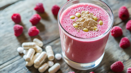 A vibrant raspberry smoothie topped with protein powder and surrounded by health supplements. Perfect for a nutritious breakfast or energizing snack.の素材