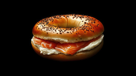 A freshly baked bagel filled with creamy cheese and premium salmon. Perfect for breakfast or a gourmet snack, this visually appealing dish highlights rich flavors.の素材
