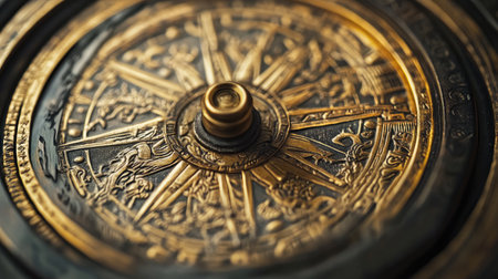 Close-up view of an antique brass compass featuring intricate engravings and a rich golden finish, symbolizing exploration and navigation throughout history.の素材