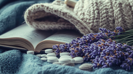 An inviting setting featuring a book, white pills, and fresh lavender flowers, creating a serene atmosphere perfect for relaxation and wellness.の素材