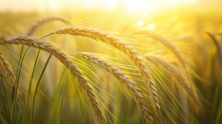 A breathtaking view of golden wheat swaying in the gentle breeze during sunset. The soft sunlight casts a warm glow, creating a tranquil rural landscape perfect for showcasing nature's beauty.の素材