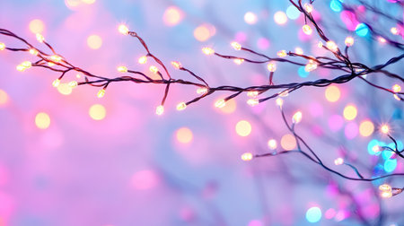 Brightly colored fairy lights wrapped around branches create a magical atmosphere. The soft bokeh background adds depth and warmth, perfect for celebrations.の素材