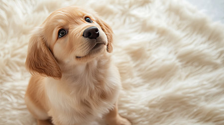 This charming golden retriever puppy looks up with a curious gaze, sitting on a soft white fur rug. The fluffy coat and innocent expression create a heartwarming scene.の素材