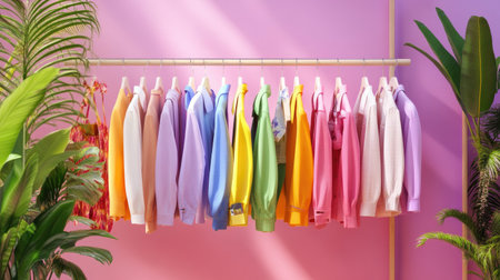 A vivid display of casual clothing on hangers showcases a spectrum of colors against a bright background, perfect for fashion retailers or lifestyle brands.の素材