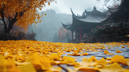 A tranquil autumn scene featuring a path covered in vibrant yellow ginkgo leaves. Fog envelops traditional architecture, creating a serene atmosphere.の素材