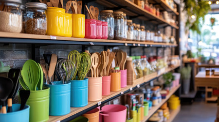 A vibrant display of kitchen utensils and containers in various colors. Glass jars, wooden spoons, and plastic containers demonstrate an organized and stylish kitchen setup.の素材