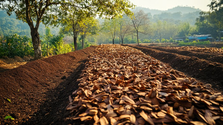 A picturesque rural landscape showcases a path covered in dry leaves, illuminated by sunlight. Trees border the area, creating a serene atmosphere ideal for agricultural beauty.の素材