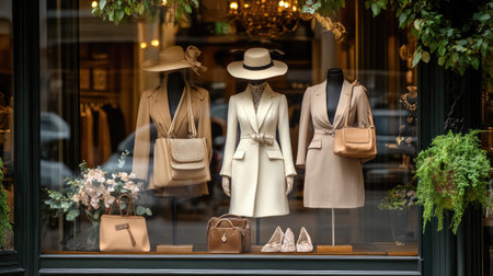 A stunning display of elegant fashion showcasing chic outfits and accessories. Soft beige tones and stylish designs create an alluring shopping experience for passersby.の素材