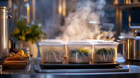 A modern kitchen scene showcasing steaming food containers, fresh ingredients, and an organized space, emphasizing healthy meal preparation and culinary creativity.の素材