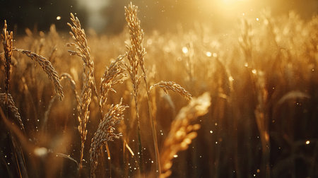 A serene wheat field bathed in golden sunlight, with fluffy dust particles dancing in the air, capturing the essence of a peaceful harvest season.の素材