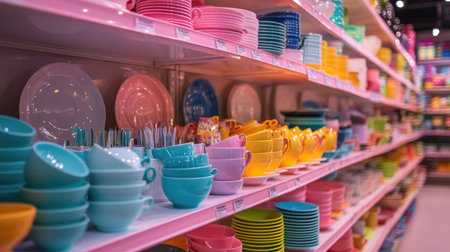 A vibrant and organized display of colorful plastic tableware showing various bowls, cups, and dishes on neatly arranged shelves in a retail store.の素材