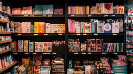 Vibrant display of assorted stationery items on shelves. Perfect for crafting, organizing, and studying. A visual feast for stationery enthusiasts.の素材