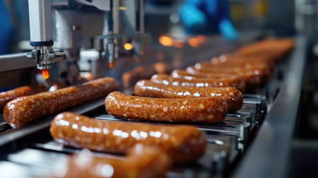 This image showcases sausages moving along a conveyor belt in a food processing facility. A blend of technology and culinary art emphasizes quality production.の素材