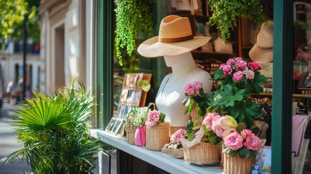 A delightful boutique display featuring a straw hat on a mannequin surrounded by blooming roses and vibrant greenery, creating an inviting atmosphere.の素材
