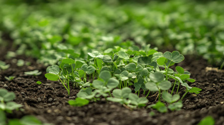 Vibrant green seedlings emerge from rich dark soil, showcasing the beauty of nature's growth on an organic farm, symbolizing new beginnings and sustainability.の素材