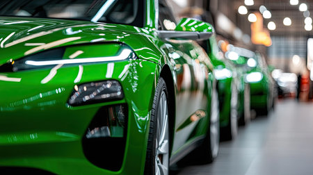 A line of sleek green electric cars showcased in a contemporary auto showroom, highlighting innovation and modern design. Ideal for illustrating automotive excellence.の素材