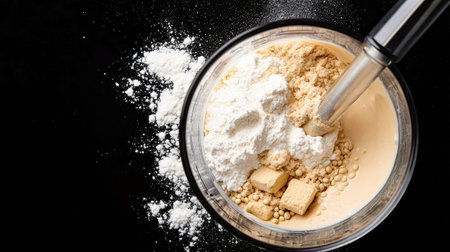 A close-up of various baking ingredients mixed in a glass bowl, showcasing the texture and colors of flour, sugar, and baking powder, set against a dark background.の素材