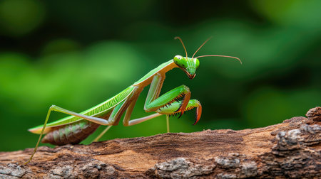 A vibrant green praying mantis perches on a wooden surface, showcasing its intricate features and striking colors. This macro shot highlights nature's beauty.の素材