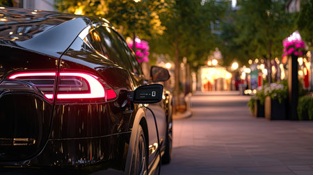 A sleek black electric car parked on a vibrant city street at night, surrounded by illuminated trees and colorful flowers, showcasing modern urban life.の素材