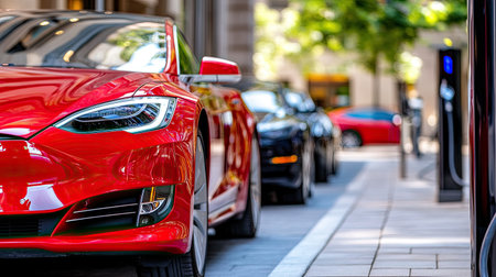 A vibrant red electric car is parked in a bustling urban setting, showcasing modern design and charging capability. The image captures a blend of technology and lifestyle.の素材
