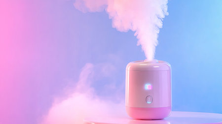 A modern aromatherapy diffuser releasing colorful steam into a serene atmosphere. This device enhances wellness and decor in any space with its stylish design.の素材