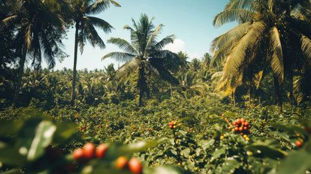 Explore a vibrant tropical coffee plantation, showcasing lush green rows of coffee plants with ripe red berries under a bright blue sky, surrounded by majestic palm trees.の素材