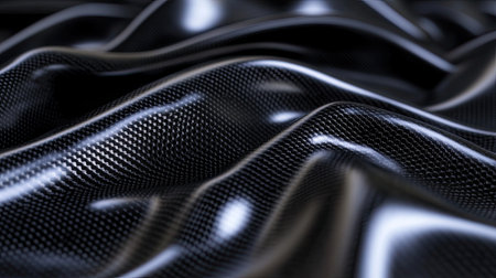 Close-up view of glossy black fabric featuring smooth curves and gentle folds, creating an elegant and luxurious texture ideal for modern design applications.の素材