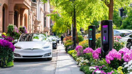 A modern electric car parked near a charging station, surrounded by colorful flowers and greenery. This vibrant urban scene reflects a commitment to sustainability and eco-friendly transport options.の素材