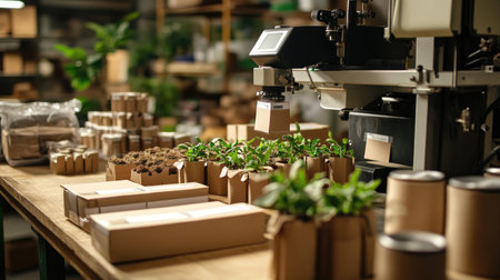 A detailed view of an indoor gardening workspace featuring plant packages, tools, and equipment designed for efficient plant production and care.の素材